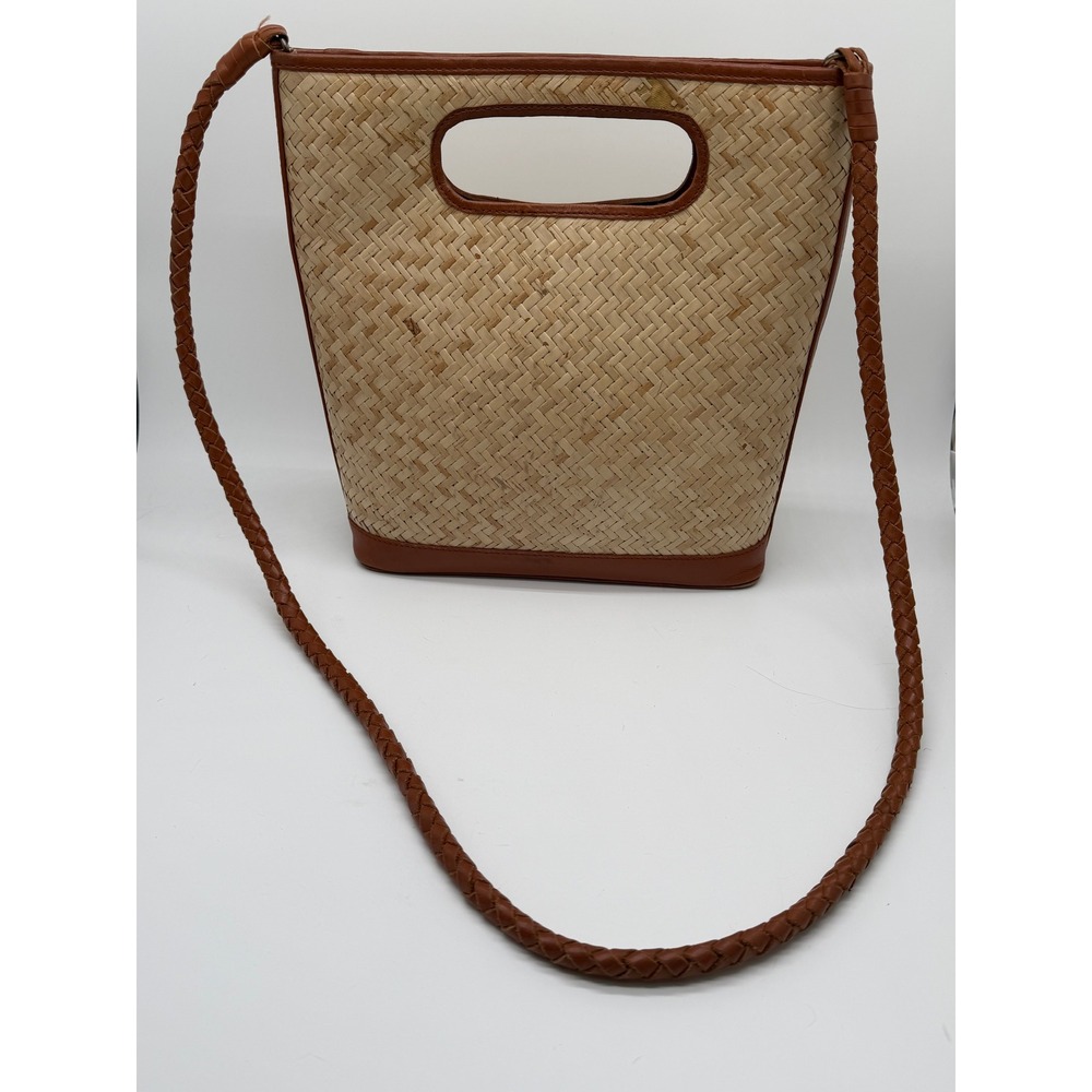 Bembien Crossbody Bag Womens Tan Brown Woven Straw Leather Trim Braided Strap